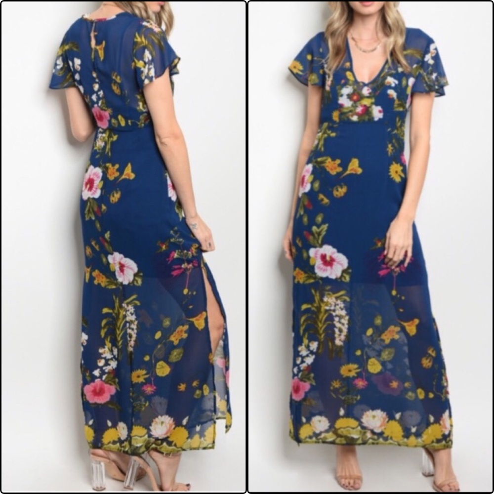 NWT Blue and Yellow Floral Maxi Dress Short Sl